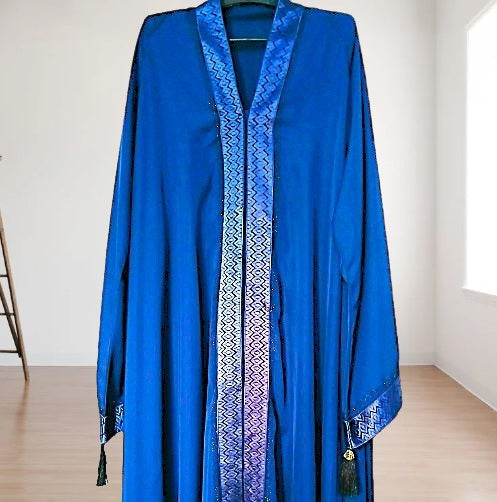 Premium Front Open Embroidered Patti Blue Abaya