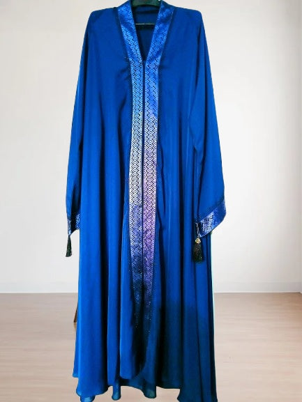Premium Front Open Embroidered Patti Blue Abaya