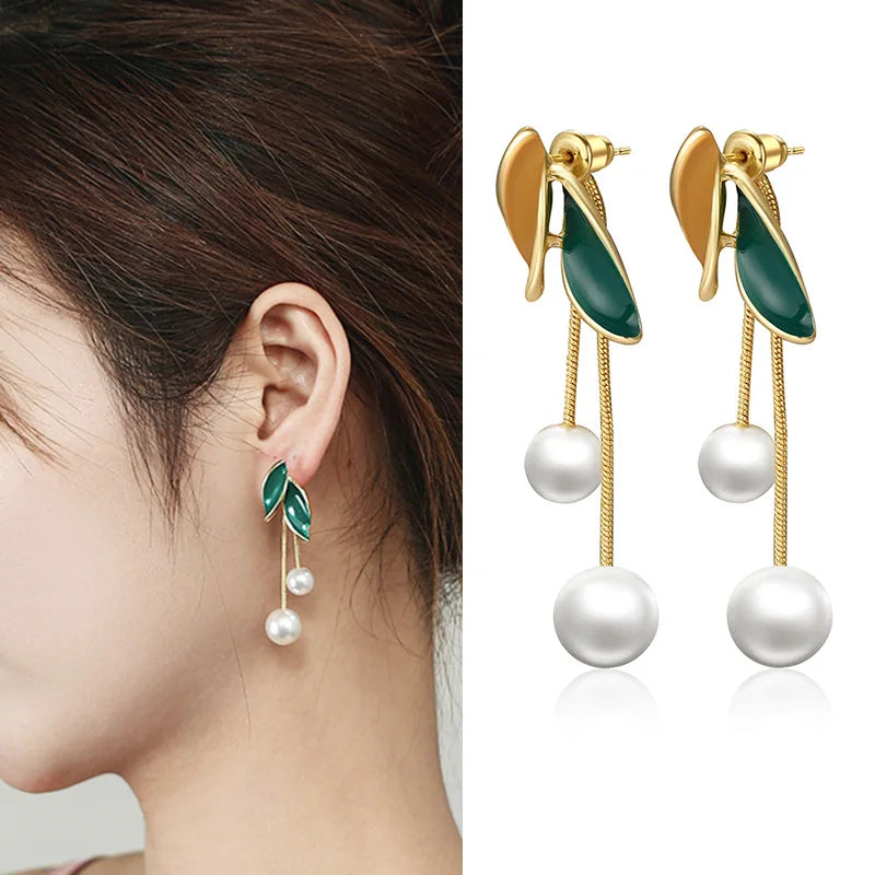 New Green Leaf Long Pearl Tassel Earrings