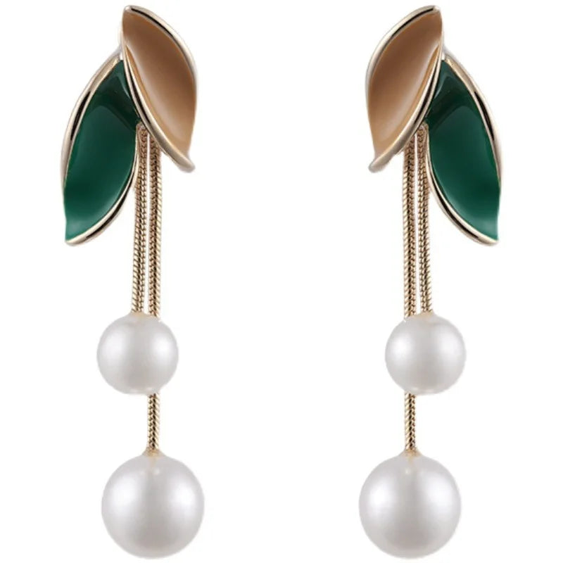 New Green Leaf Long Pearl Tassel Earrings