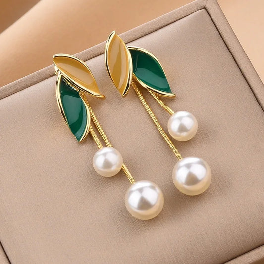 New Green Leaf Long Pearl Tassel Earrings